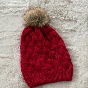Red Knit Beanie with Faux Fur Pom